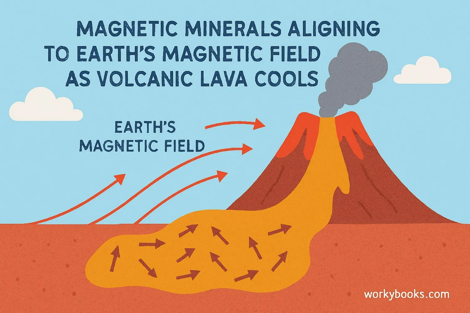 Diagram showing magnetic minerals aligning in molten rock