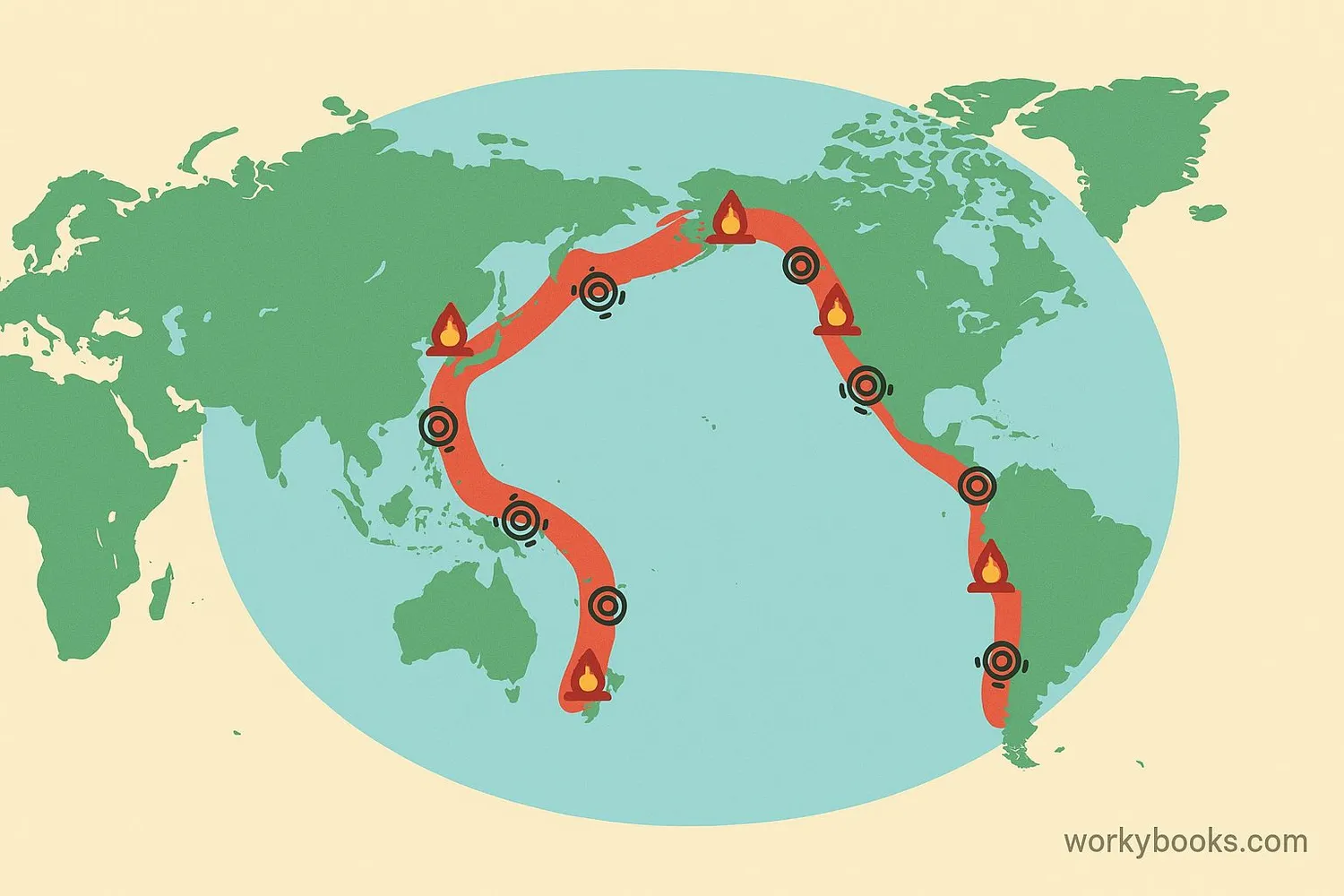 Map showing the Ring of Fire around the Pacific Ocean with volcanic and earthquake activity