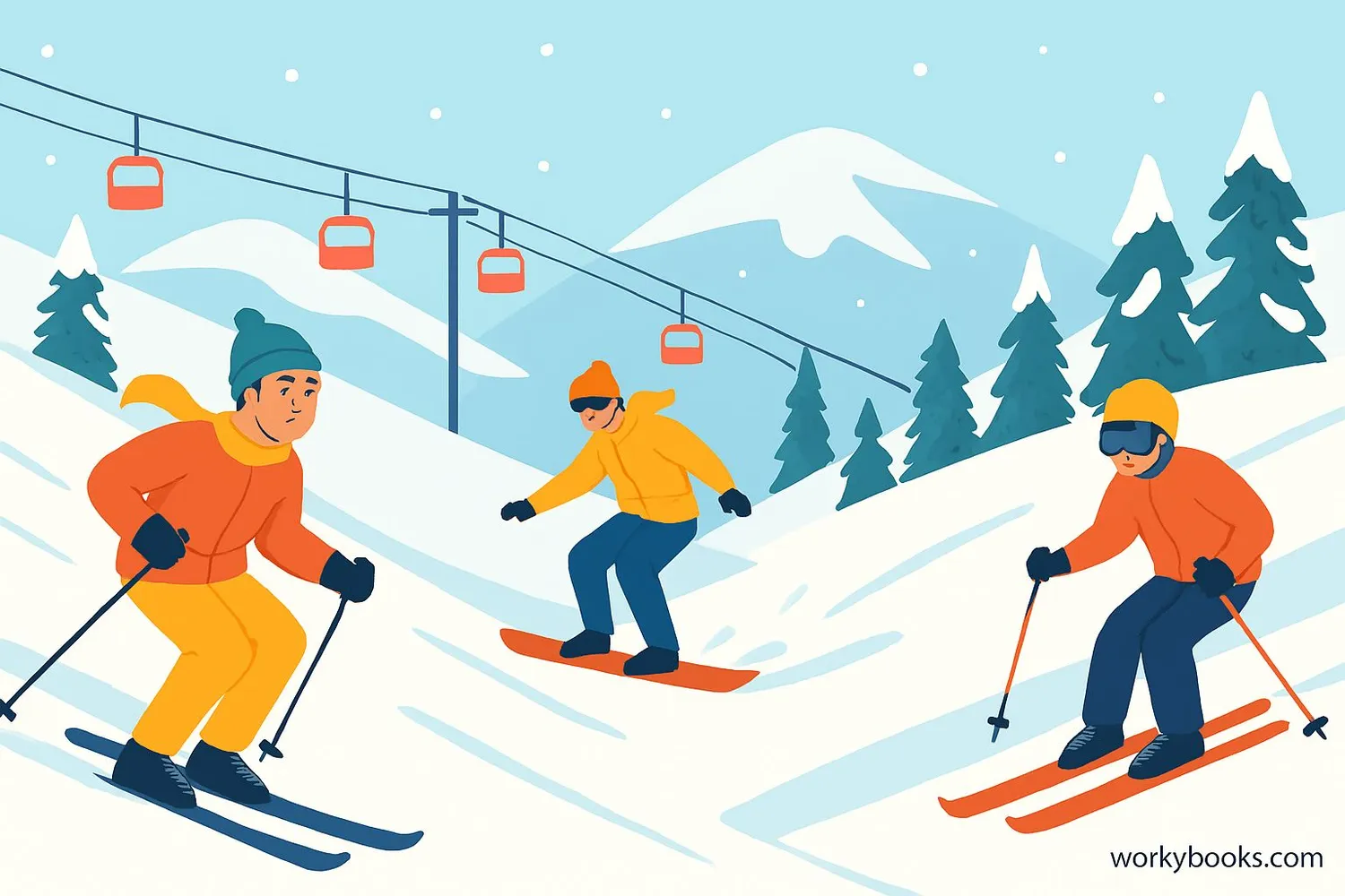 People enjoying winter sports in the Swiss Alps with ski lifts in the background