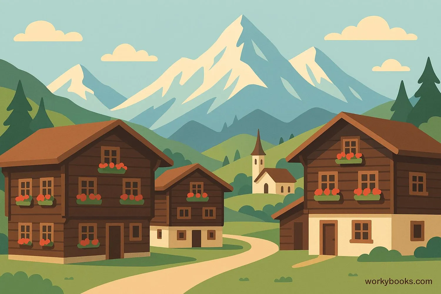 Traditional Swiss mountain village with wooden chalets and flower boxes