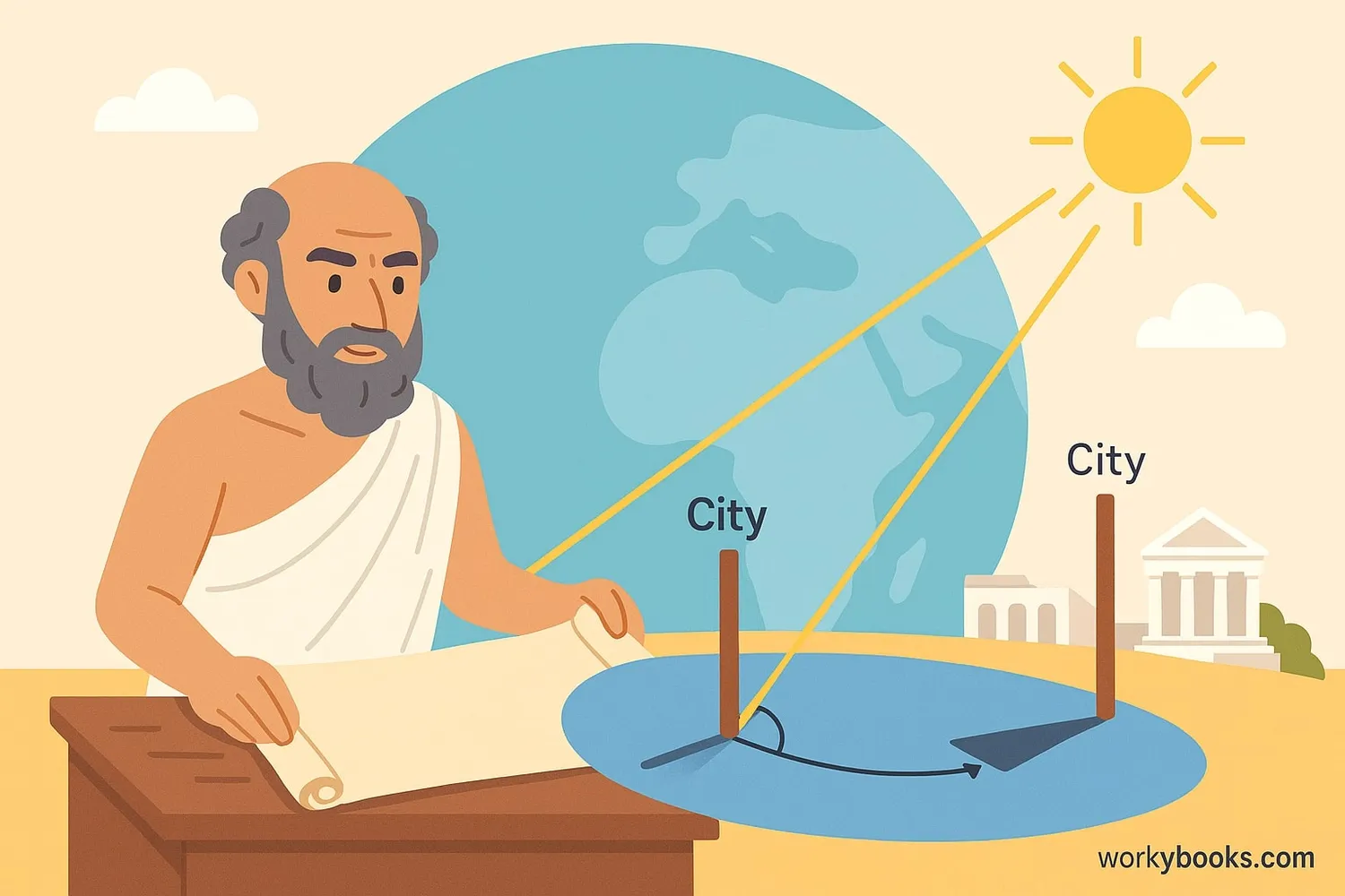 Illustration showing ancient Greek scientist Eratosthenes using shadows to measure Earth's size
