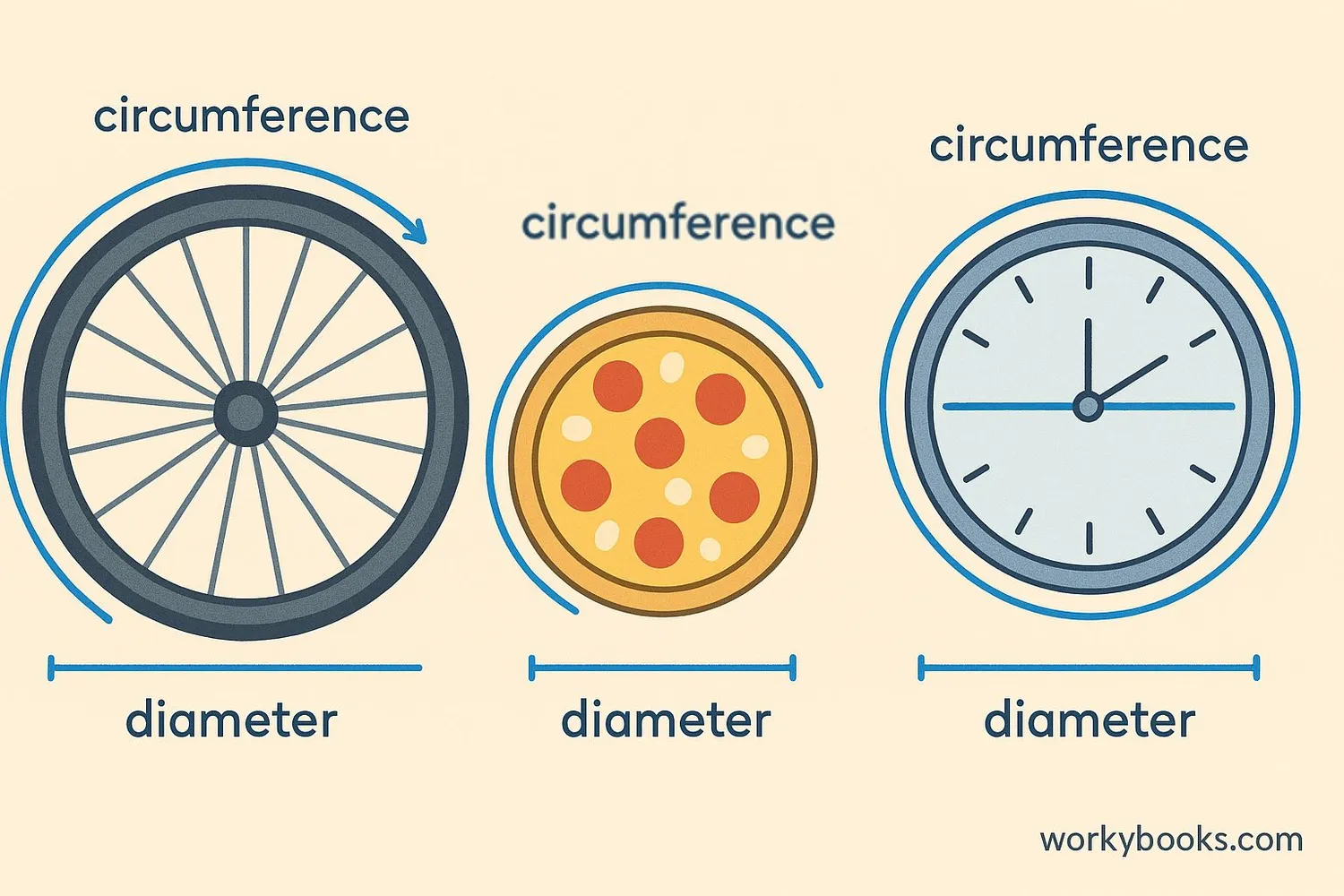 Everyday circular objects showing circumference and diameter