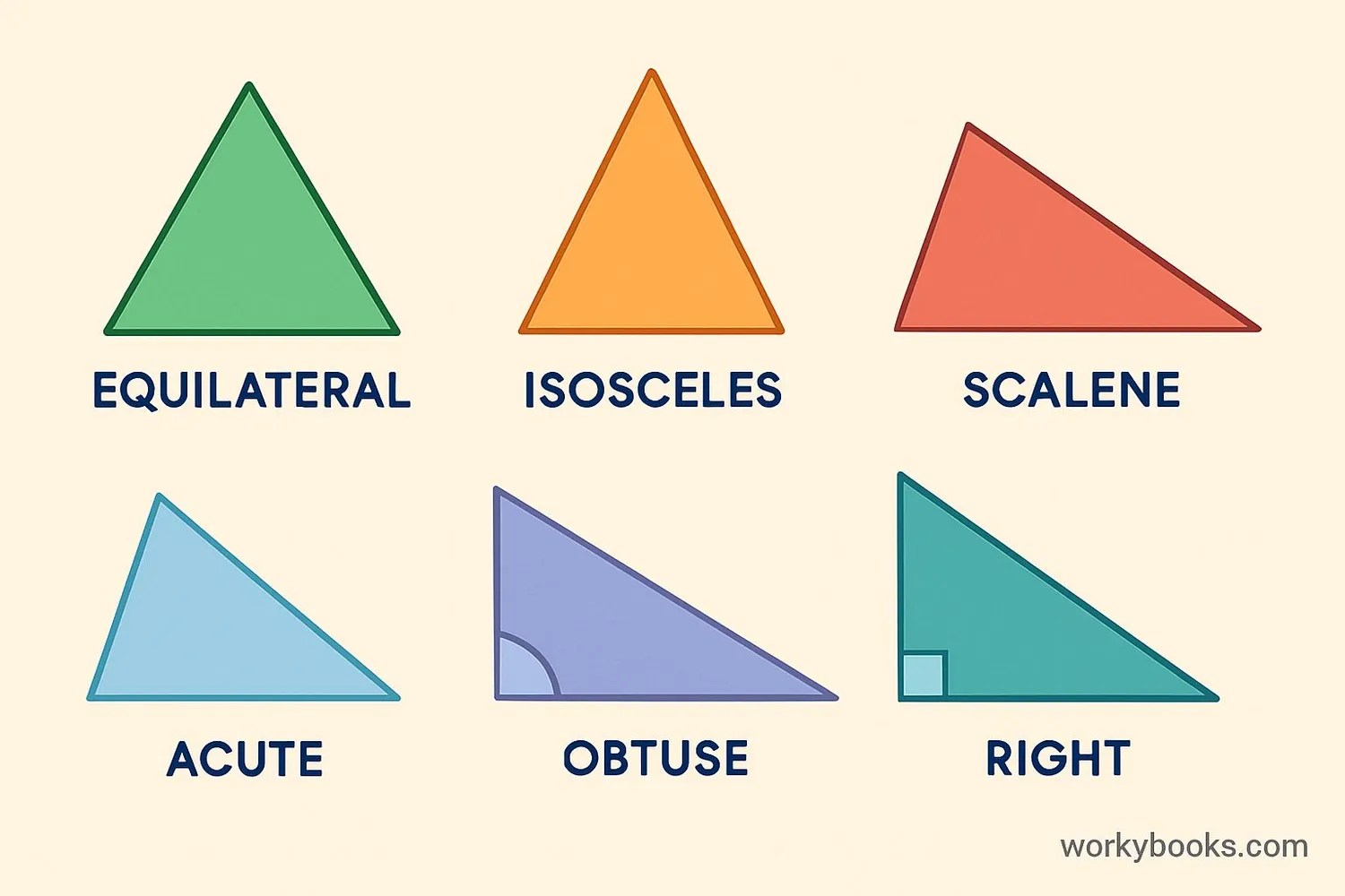 Collection of different triangle types with labels: equilateral, isosceles, scalene, acute, obtuse, right