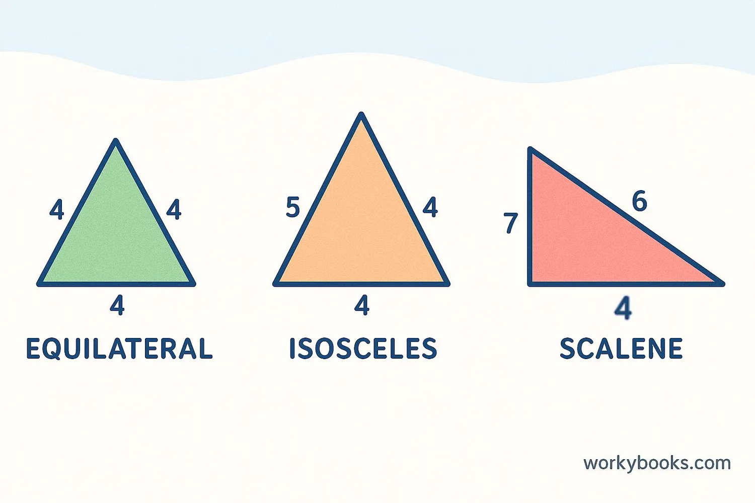 Three triangles: equilateral with all sides equal, isosceles with two sides equal, scalene with all sides different