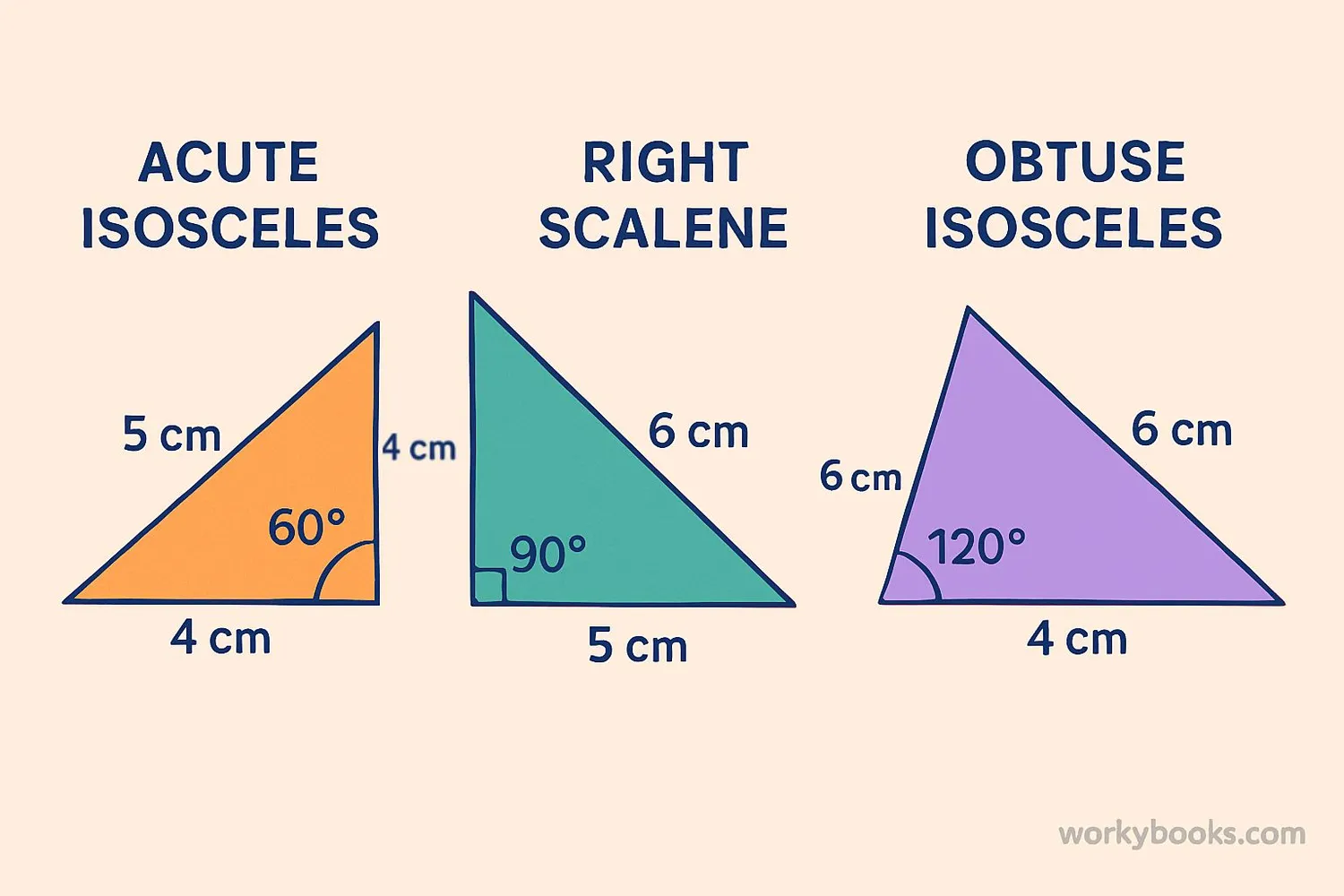 Examples of triangles classified by both sides and angles: acute isosceles, right scalene, obtuse isosceles