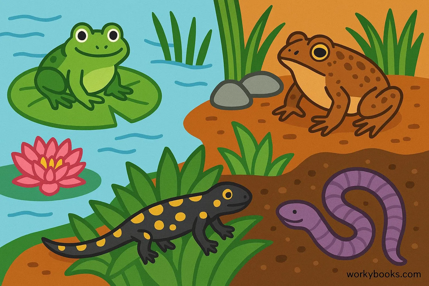 Illustration showing different types of amphibians