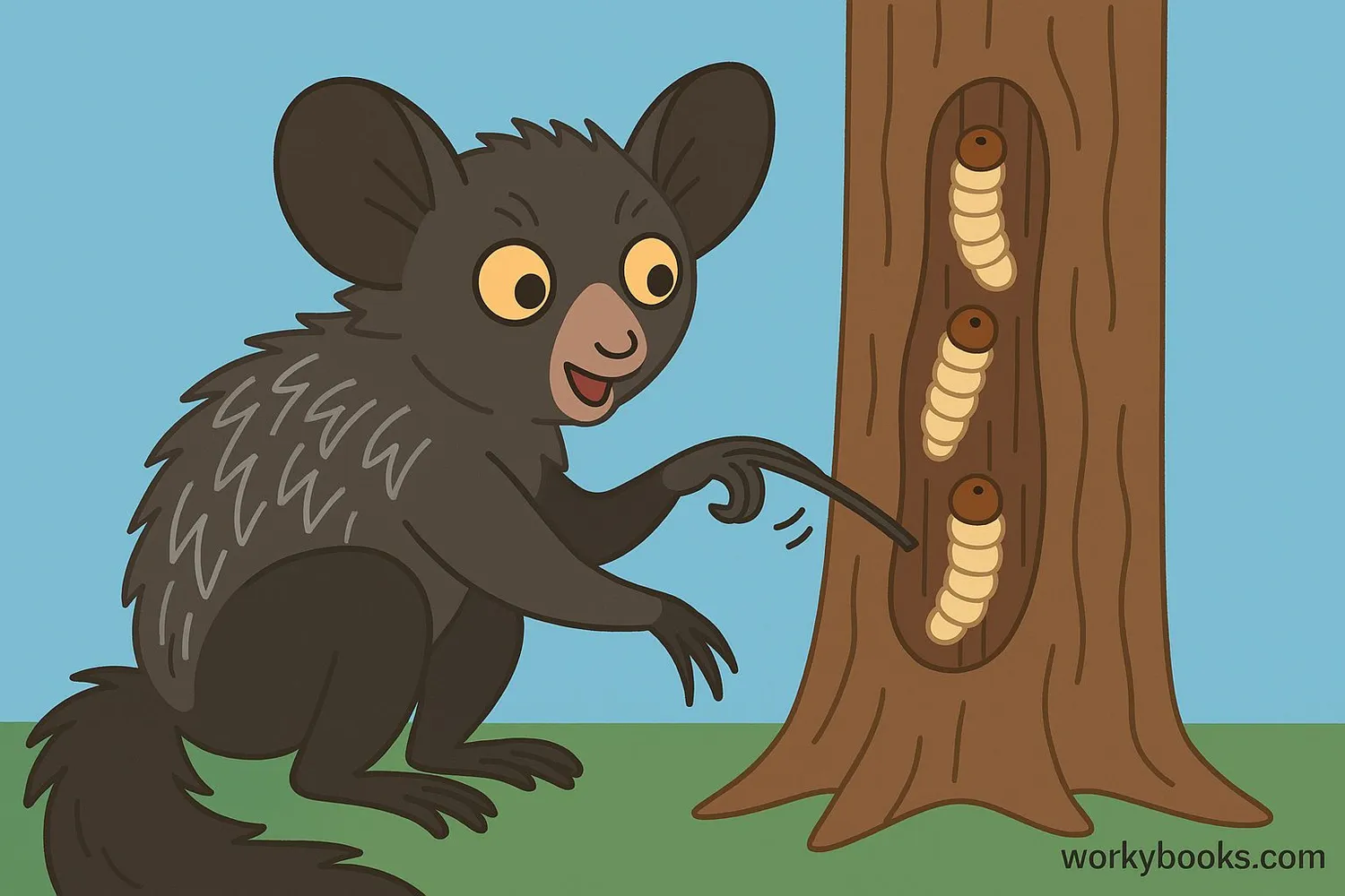 Illustration showing aye-aye using its long finger to find insects