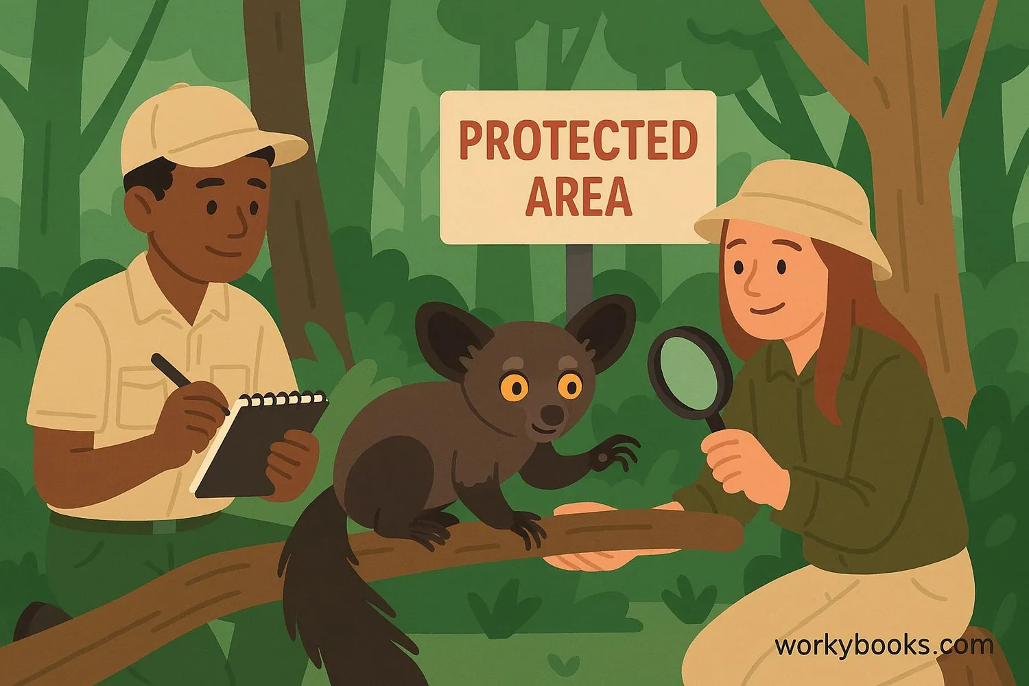 Illustration showing conservation efforts protecting aye-ayes