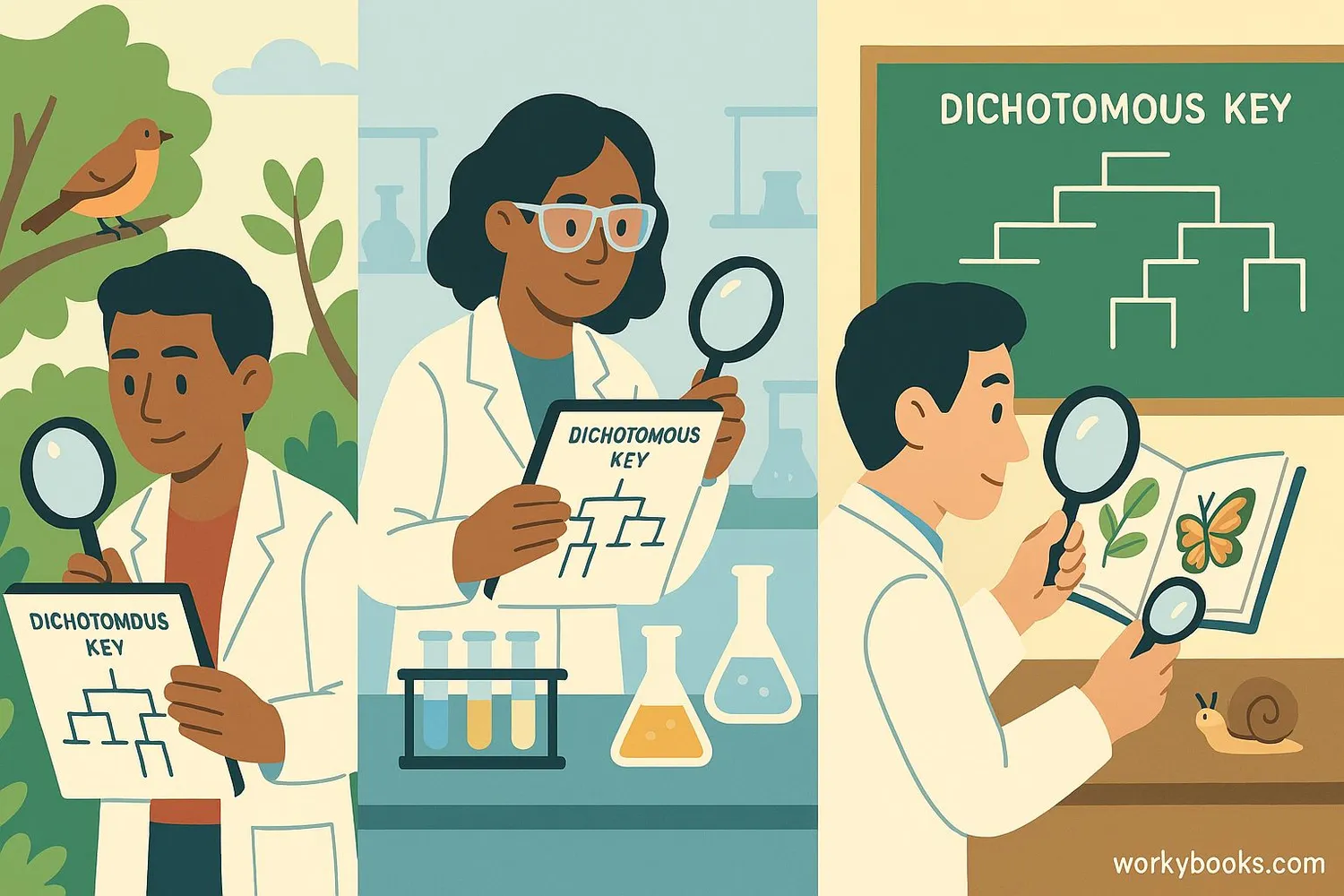 Illustration showing scientists using dichotomous keys in different environments