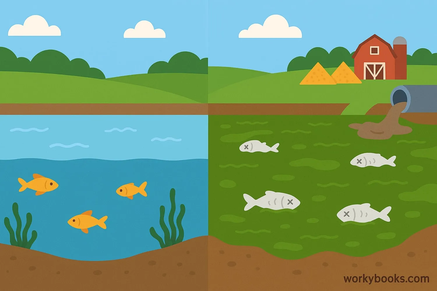 Visual representation of a healthy lake versus a eutrophic lake with algae blooms
