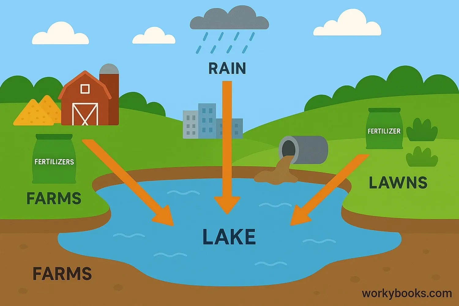 Diagram showing sources of nutrient pollution including farms, sewage, and fertilizer runoff