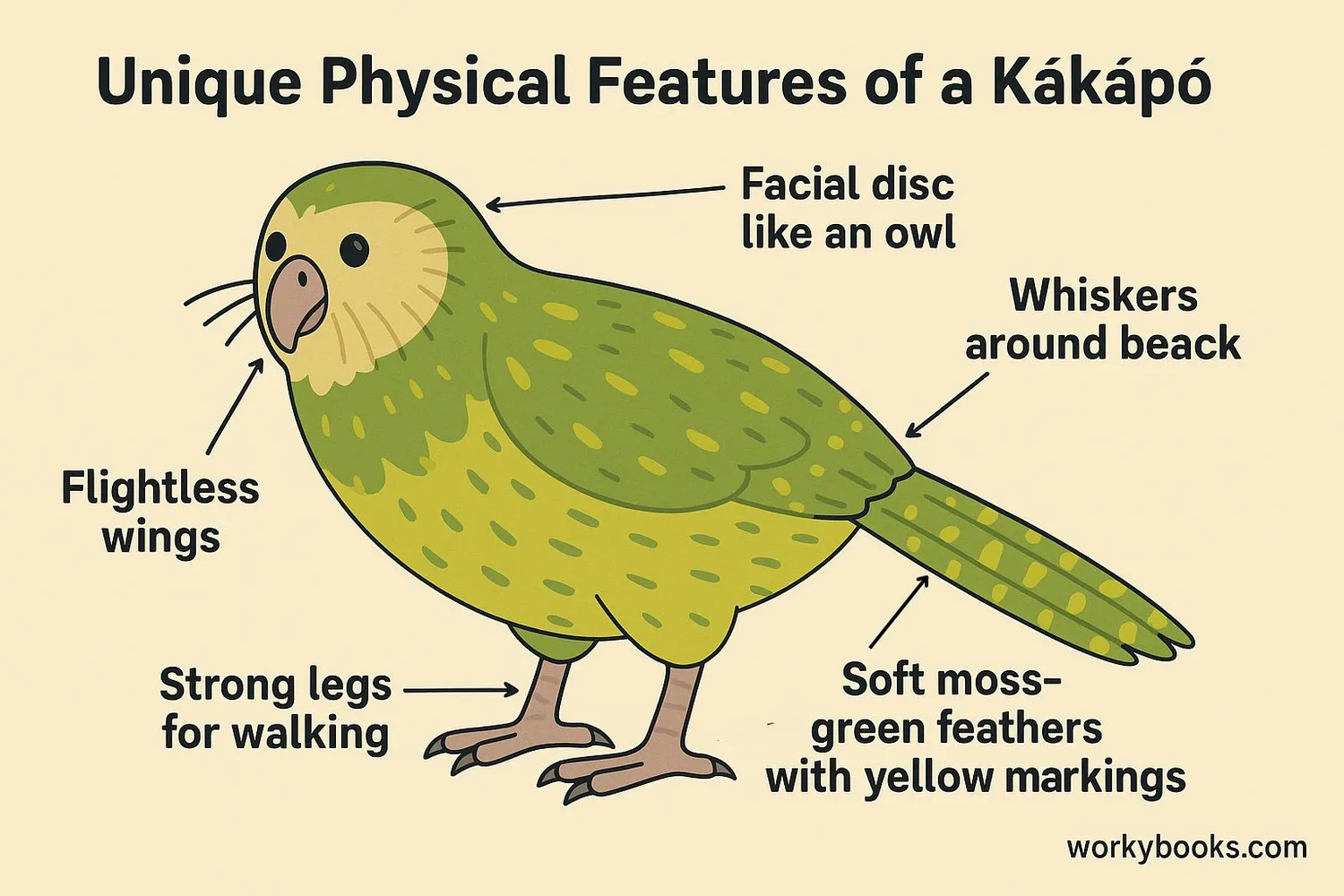 Diagram showing kakapo features