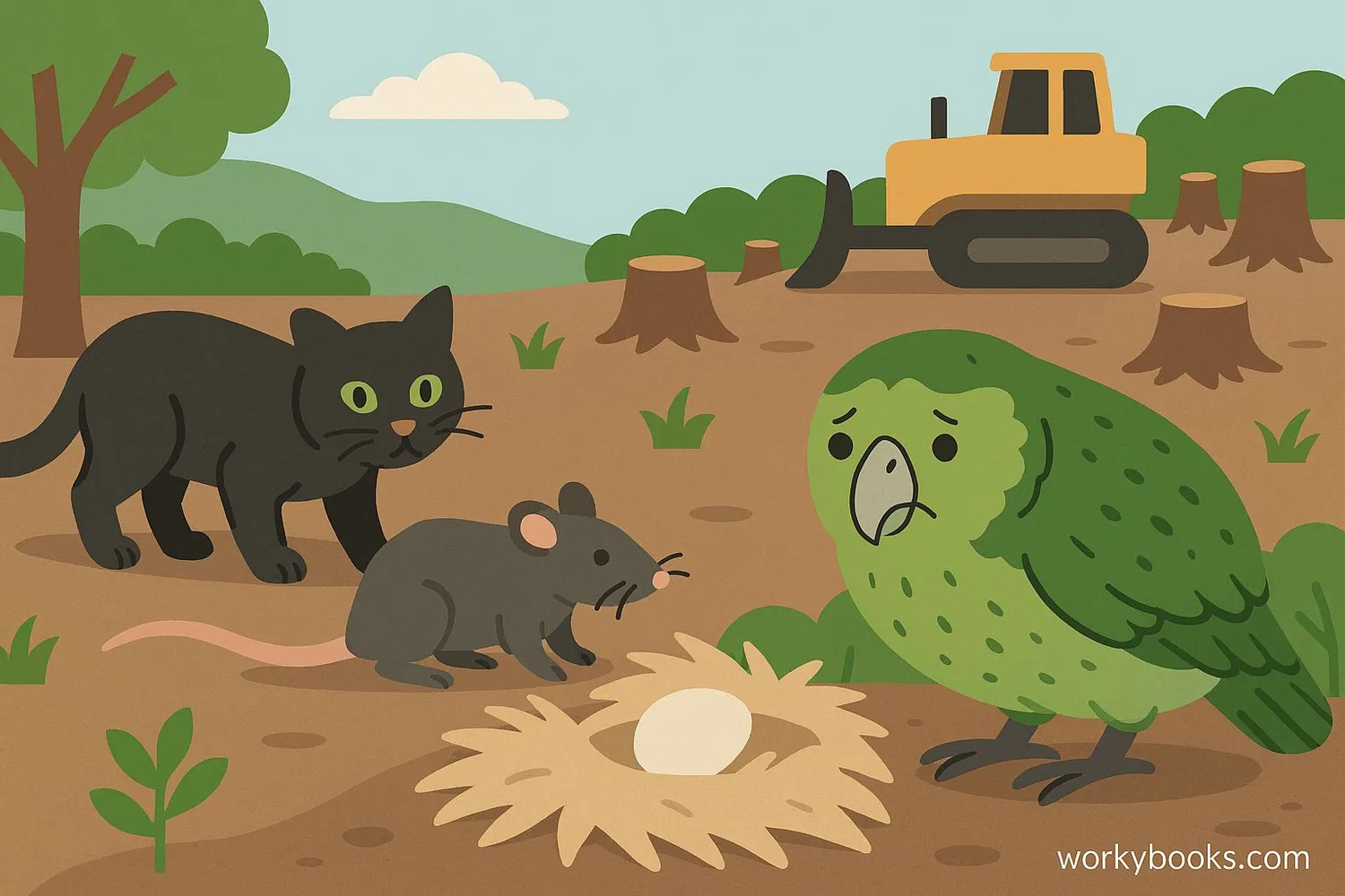 Illustration showing threats to kakapos