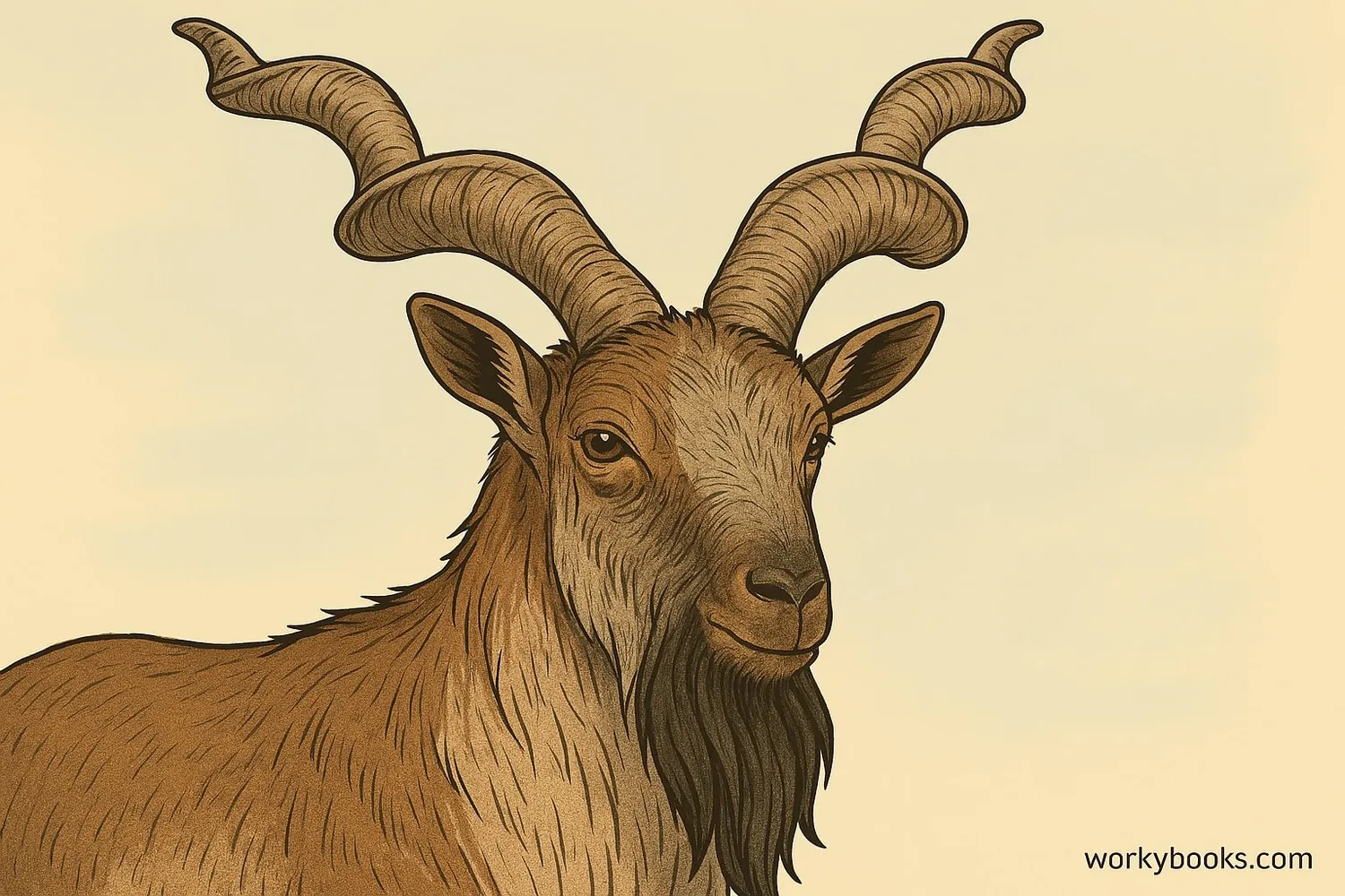 Detailed view of markhor horns and shaggy coat