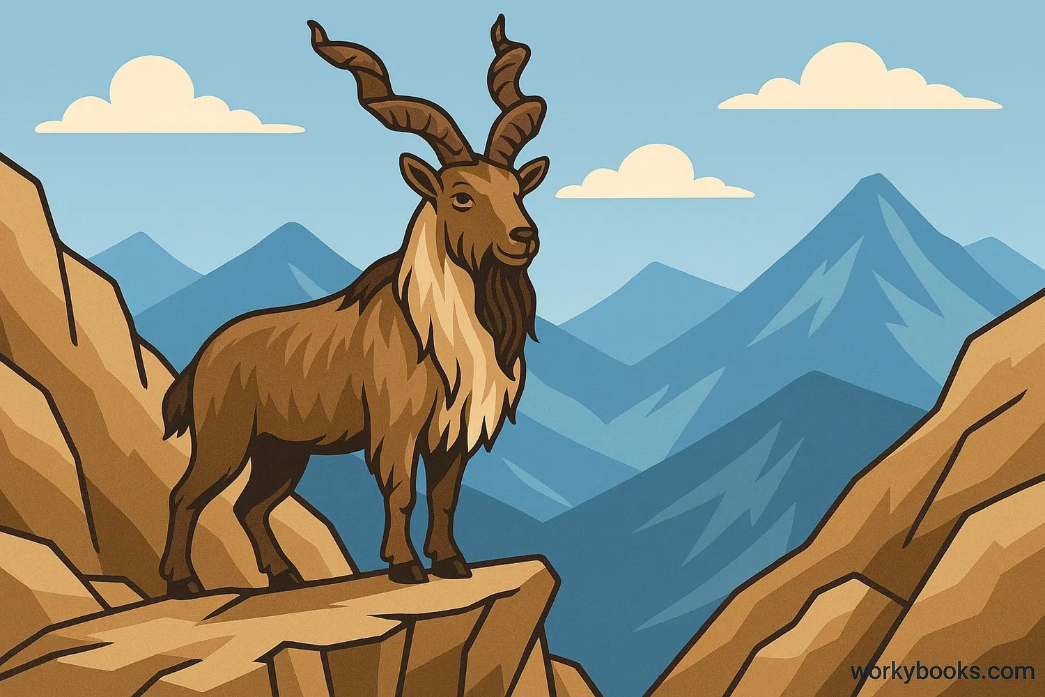 Illustration showing a markhor in its natural habitat