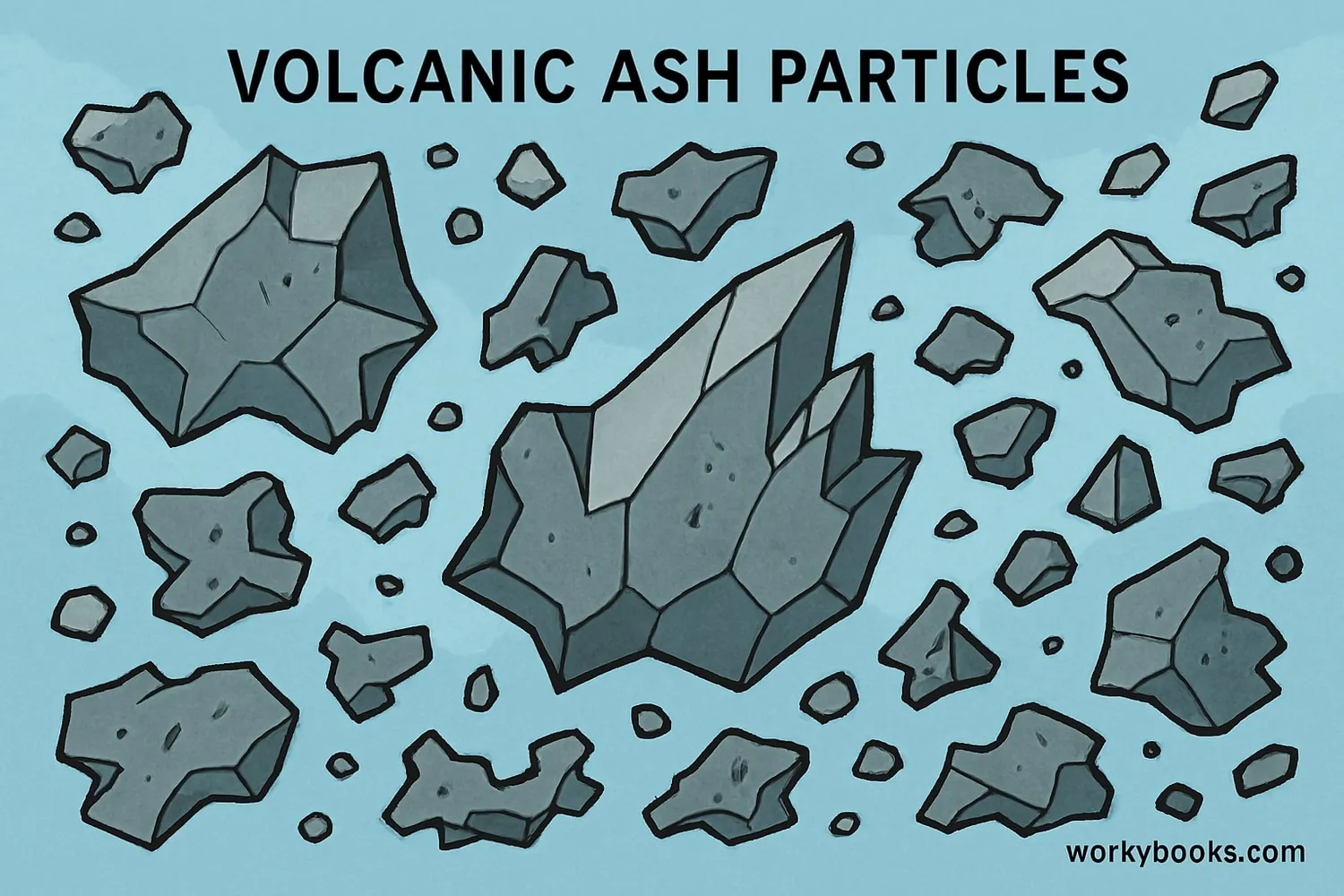 Close-up view of volcanic ash particles showing their sharp, glassy texture under magnification