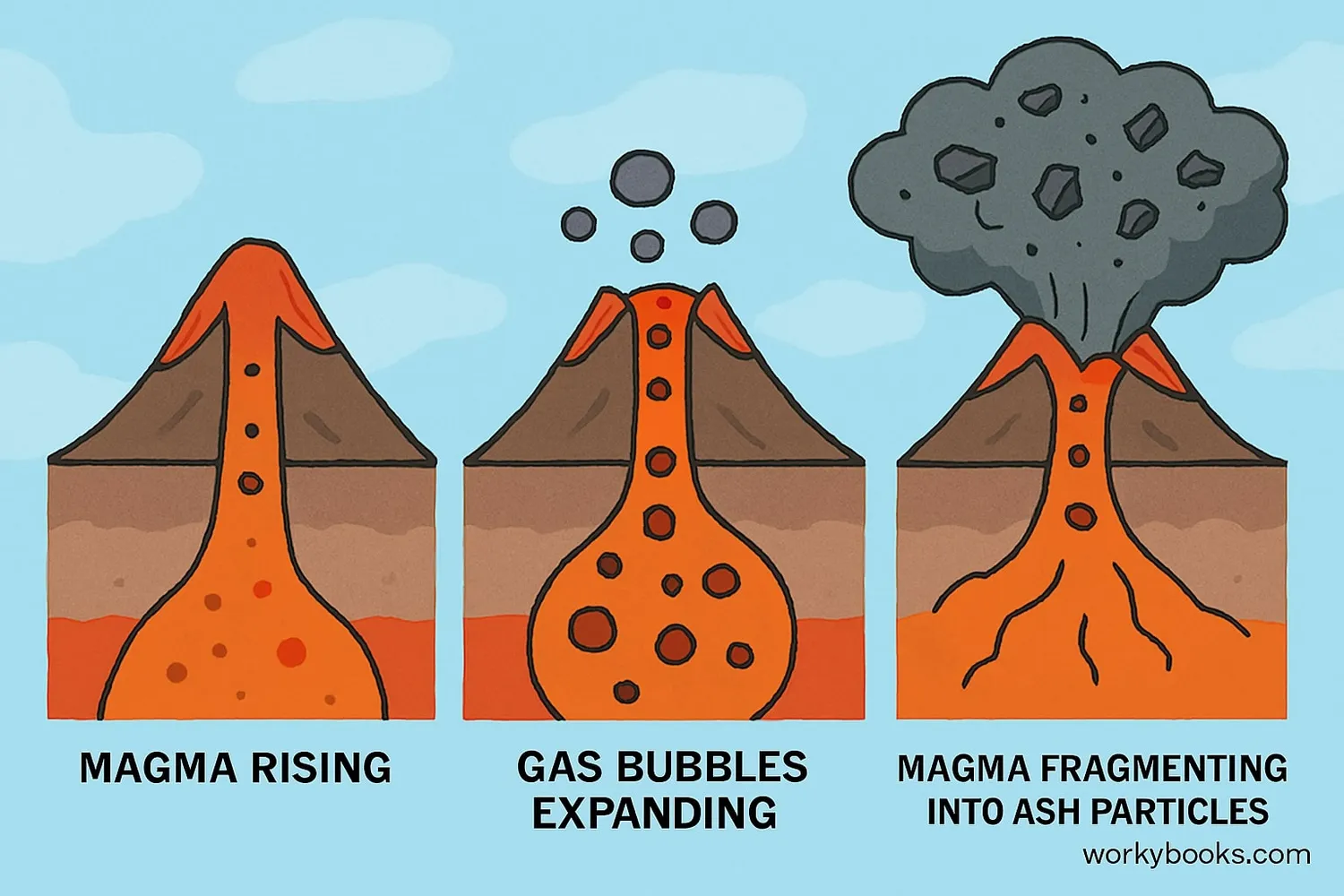 Diagram showing the formation of volcanic ash during an explosive eruption