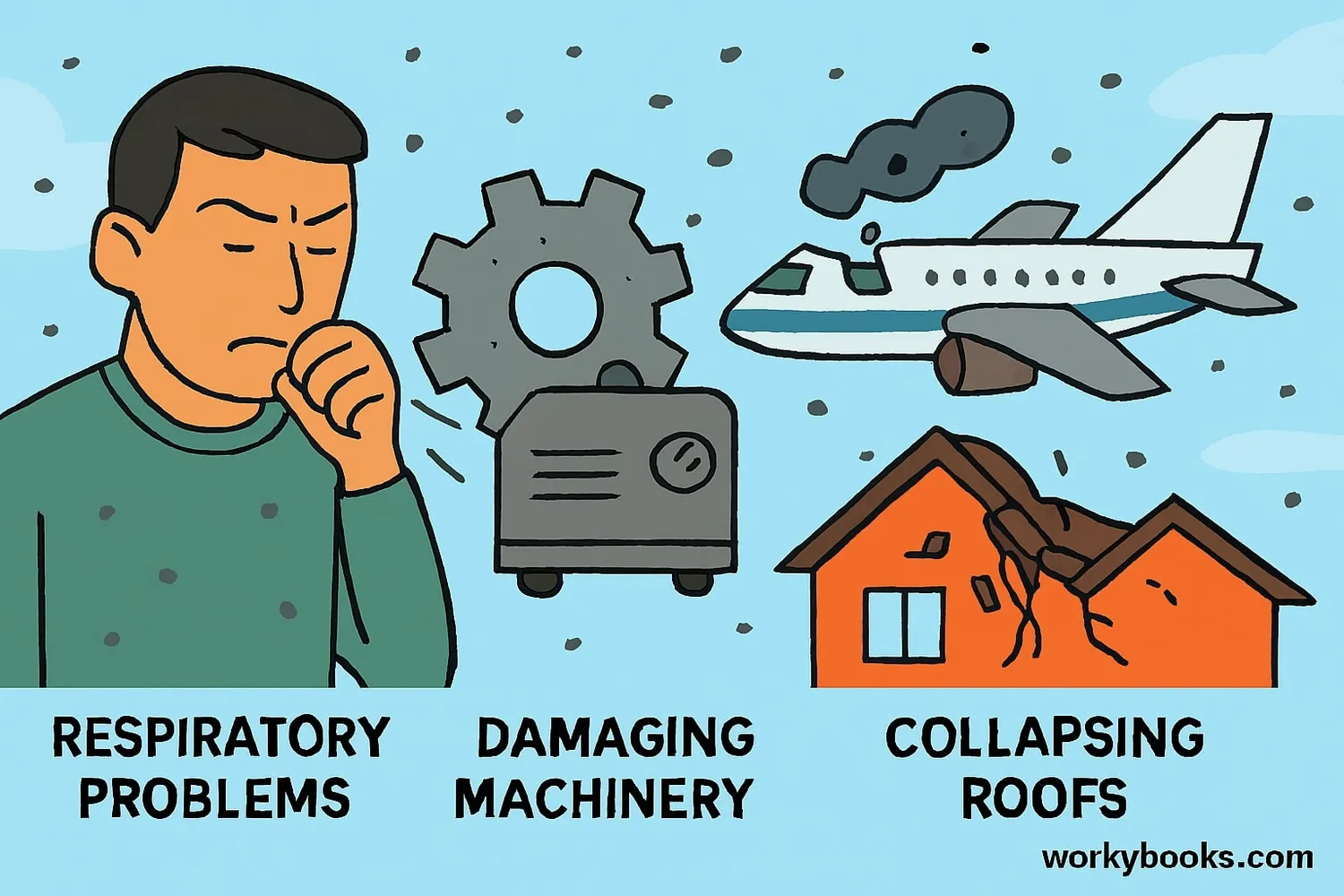 Illustration showing various hazards caused by volcanic ash including respiratory issues, transportation problems, and structural damage