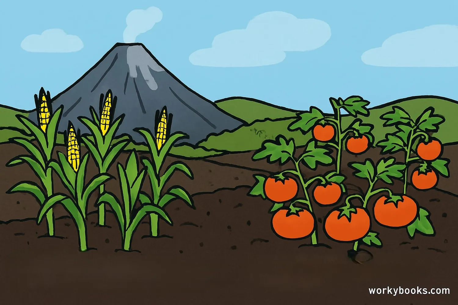 Illustration showing fertile volcanic soil producing abundant crops with ash particles enriching the earth