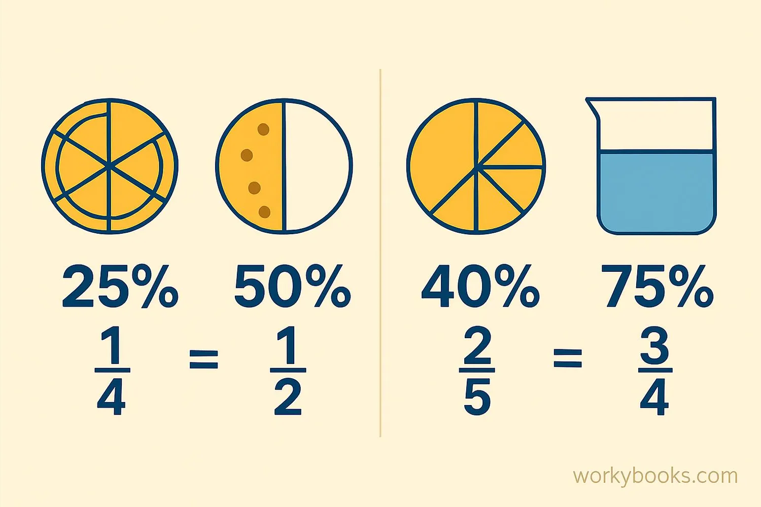 Visual examples of percent to fraction conversion