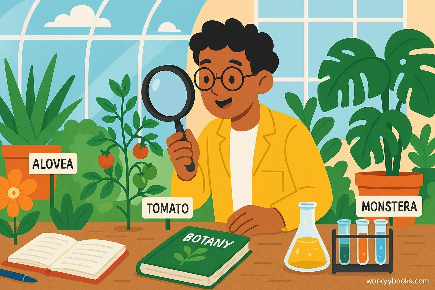 Visual representation of botany: A scientist examining plants in a greenhouse with various plants