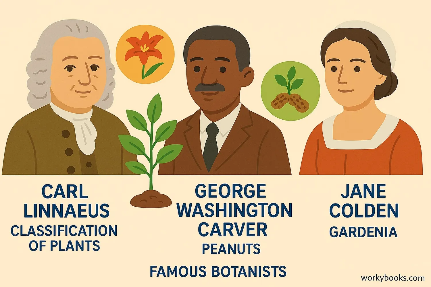Portraits of famous botanists including Carl Linnaeus, George Washington Carver, and Jane Colden