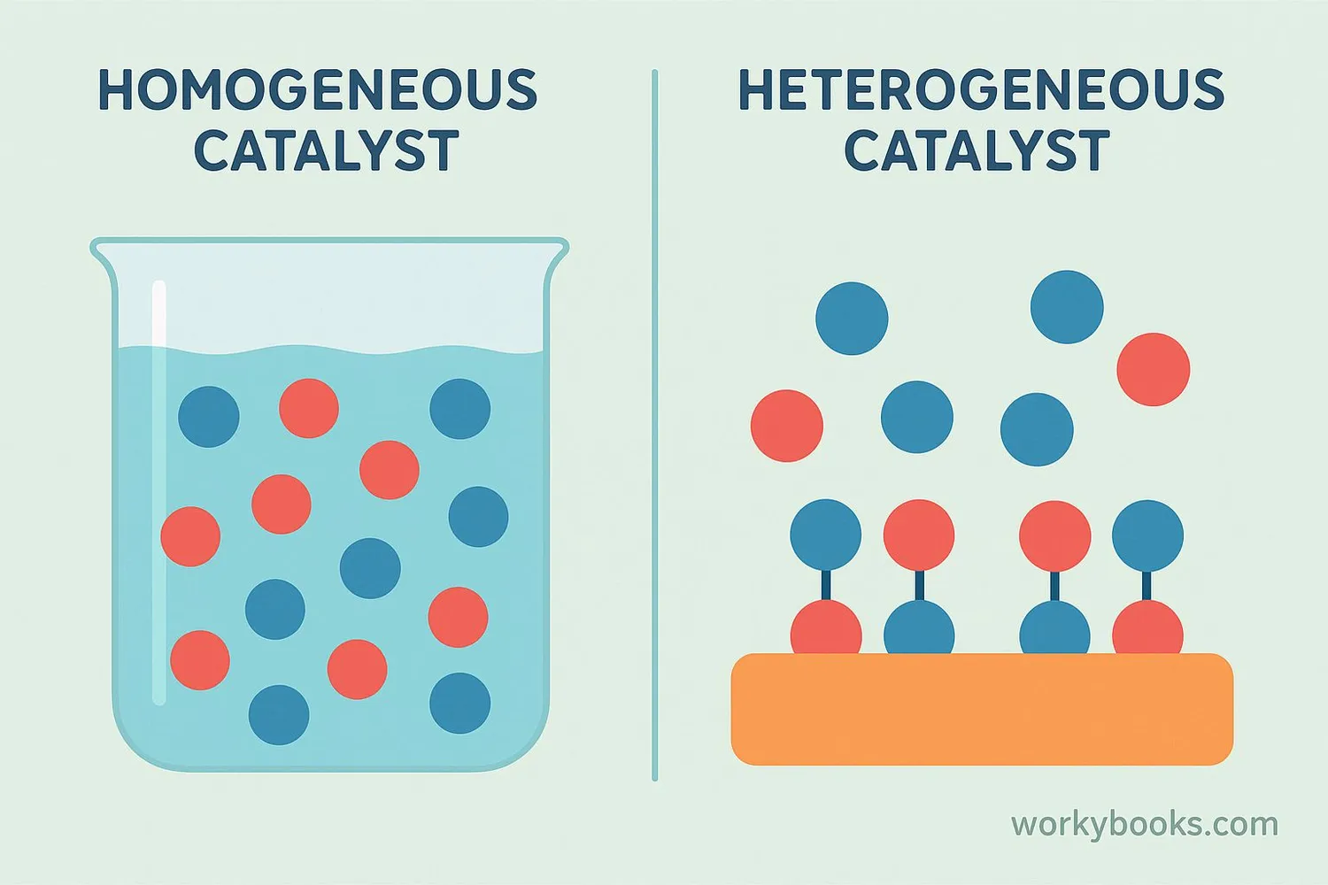 Illustration comparing homogeneous and heterogeneous catalysts
