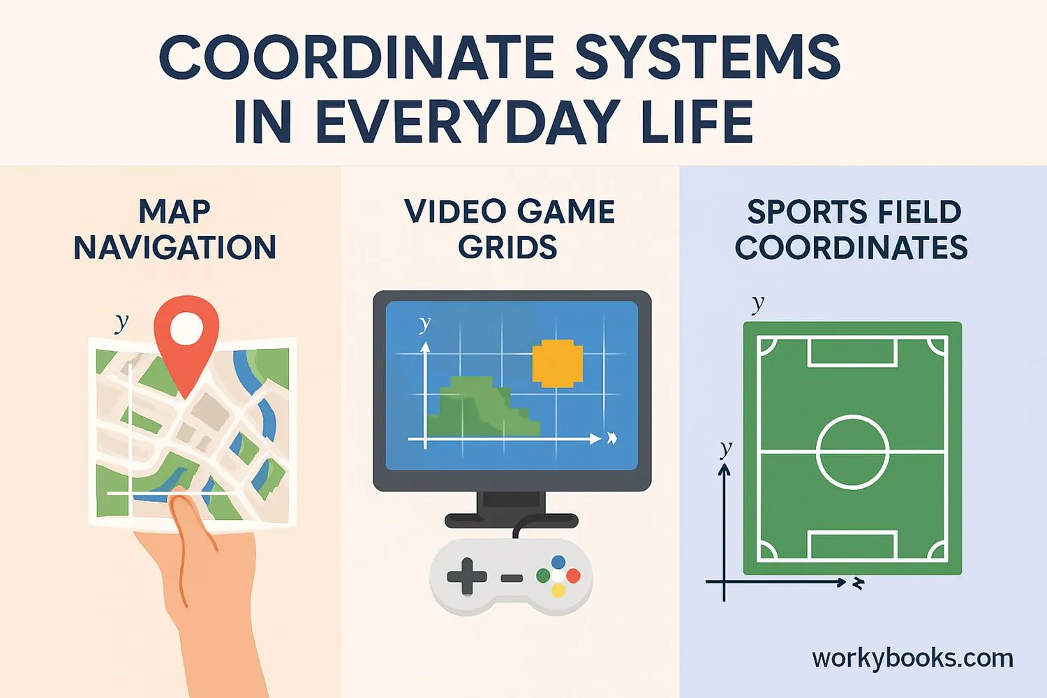 Examples of coordinate systems in everyday life: maps, video games, sports