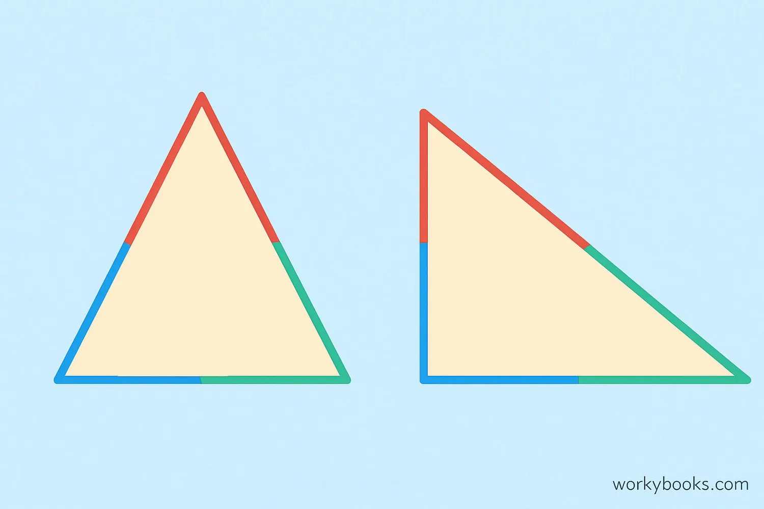 Two triangles with matching sides highlighted in the same colors