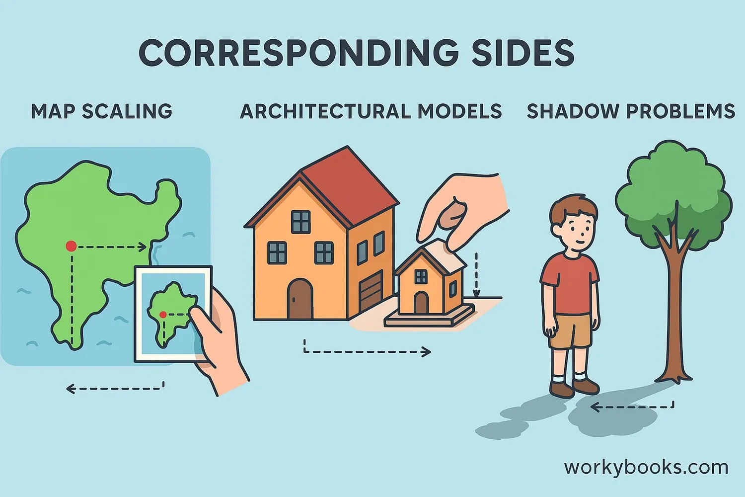 Real-world examples of corresponding sides: map scaling, architectural models, shadow problems
