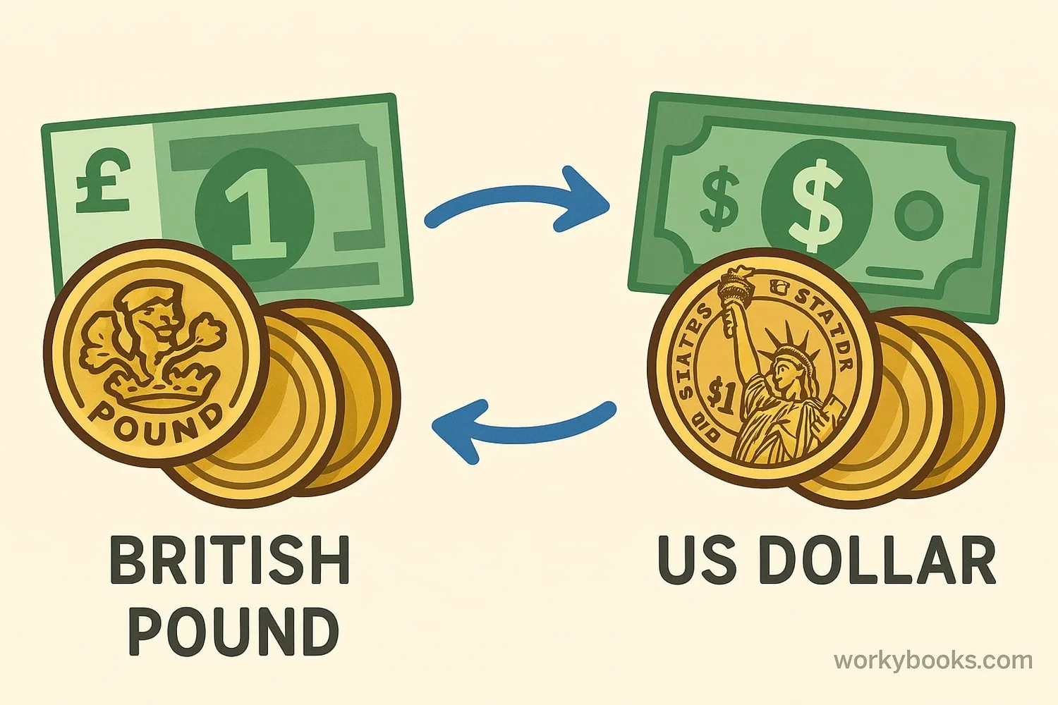 Visual comparison of British pound and US dollar currencies