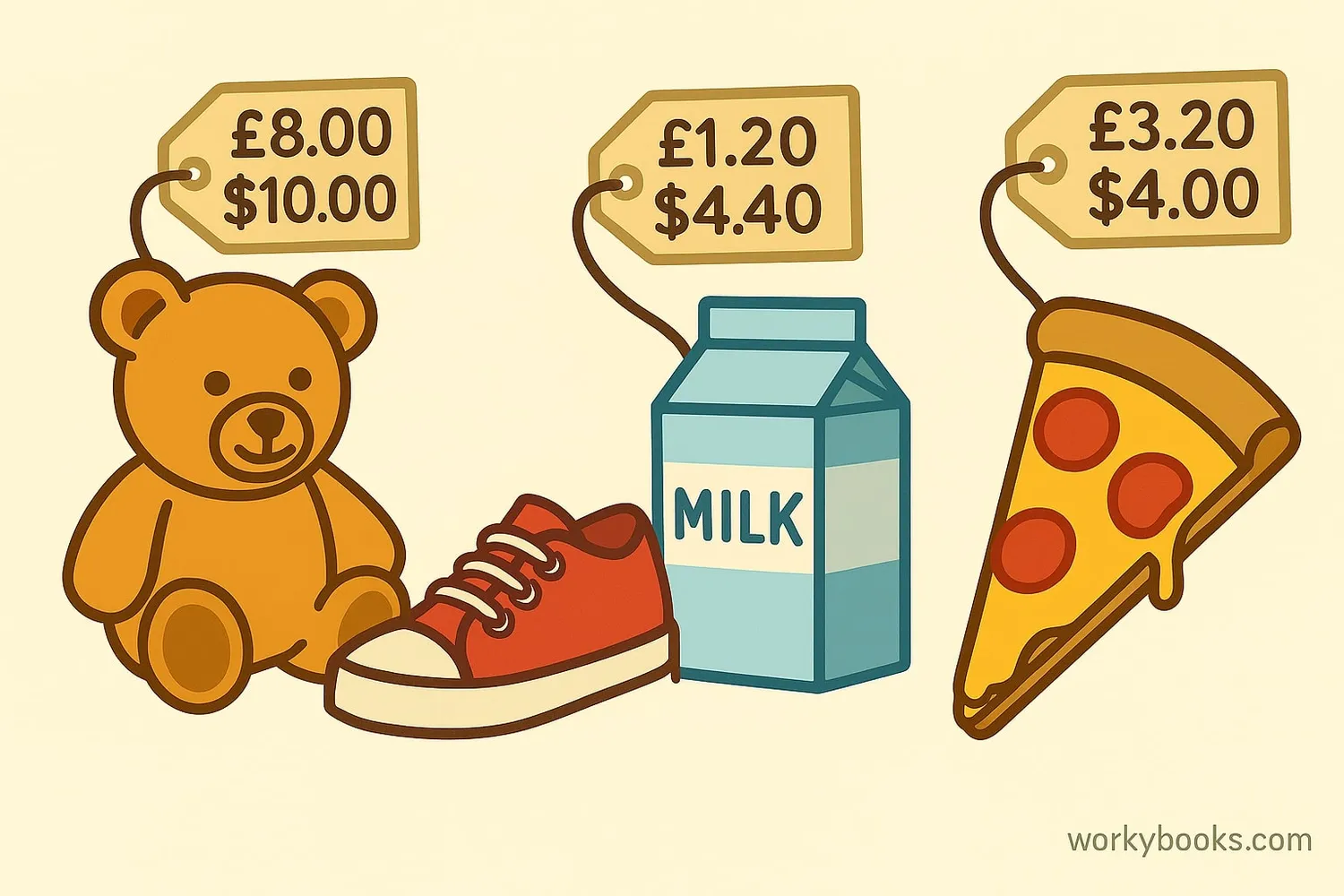 Everyday items showing prices in both pounds and dollars