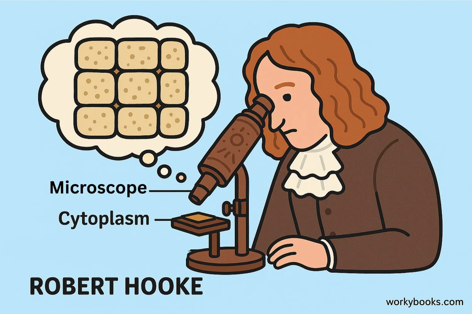 Illustration of Robert Hooke looking through a microscope at cork cells