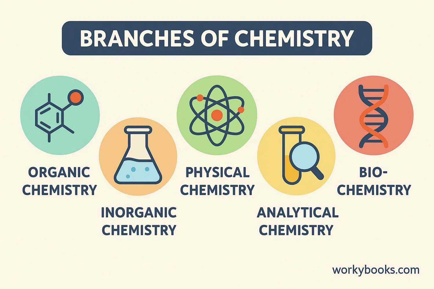 Diagram showing the five main branches of chemistry