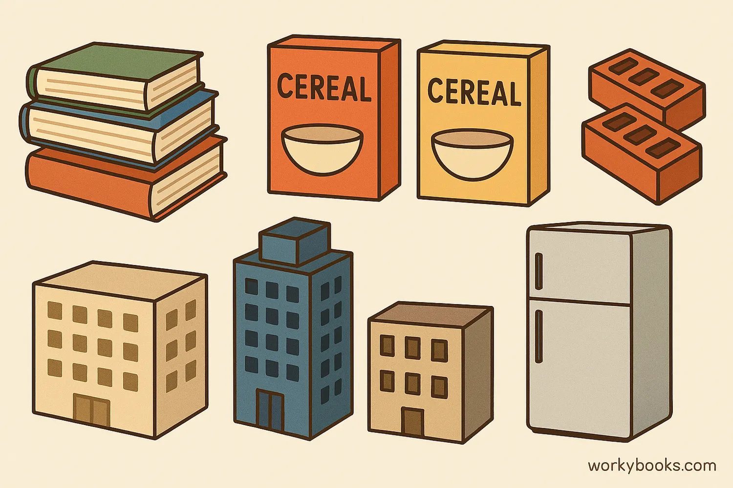 Collection of everyday cuboid-shaped objects: books, boxes, bricks, buildings