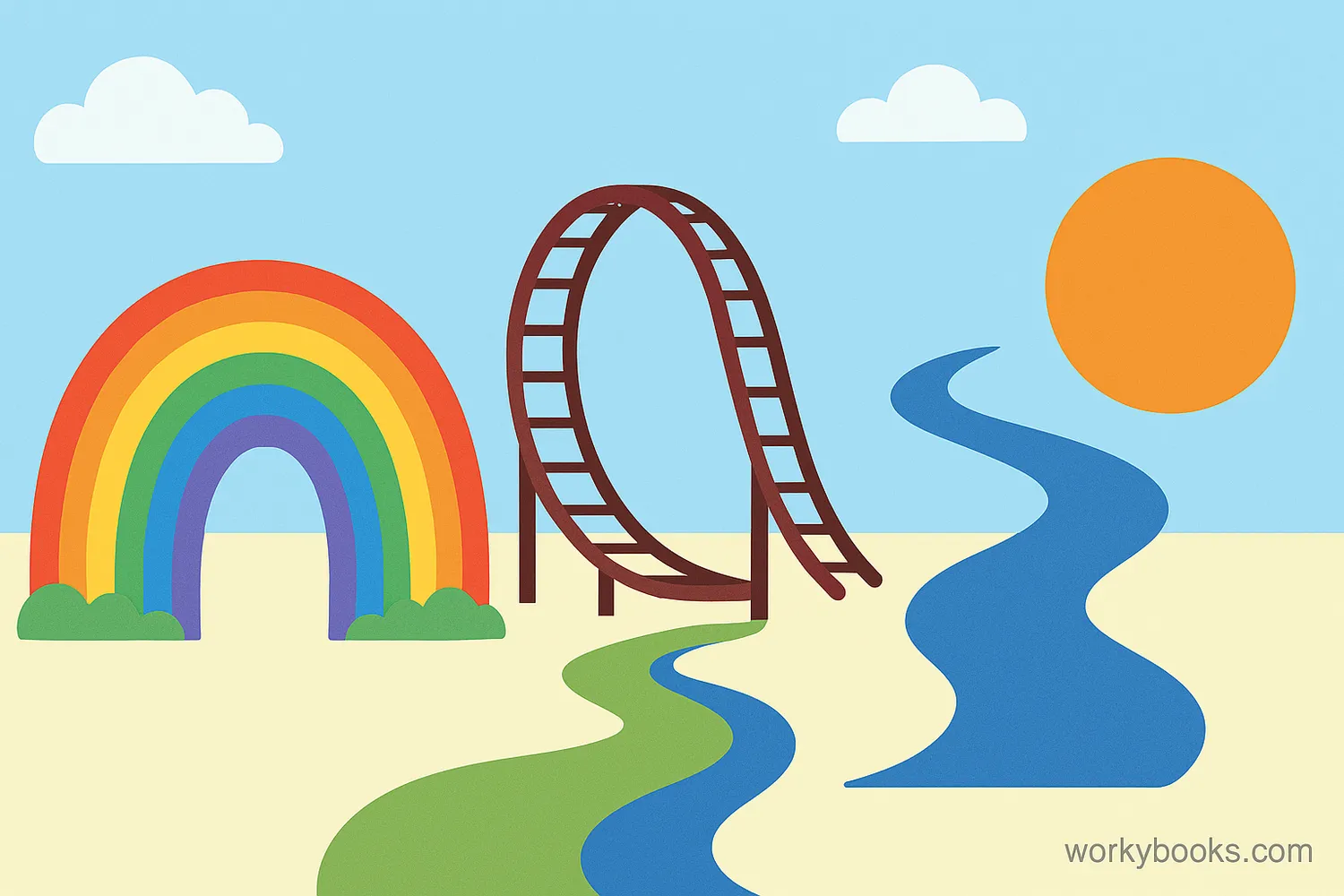 Collection of curved objects: rainbow, roller coaster, river, and circle