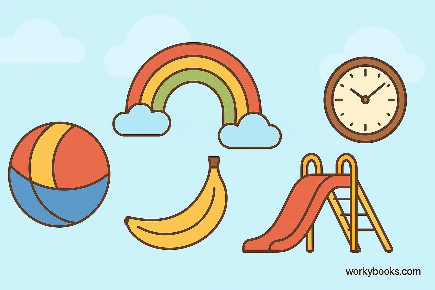 Common objects with curved lines: ball, rainbow, banana