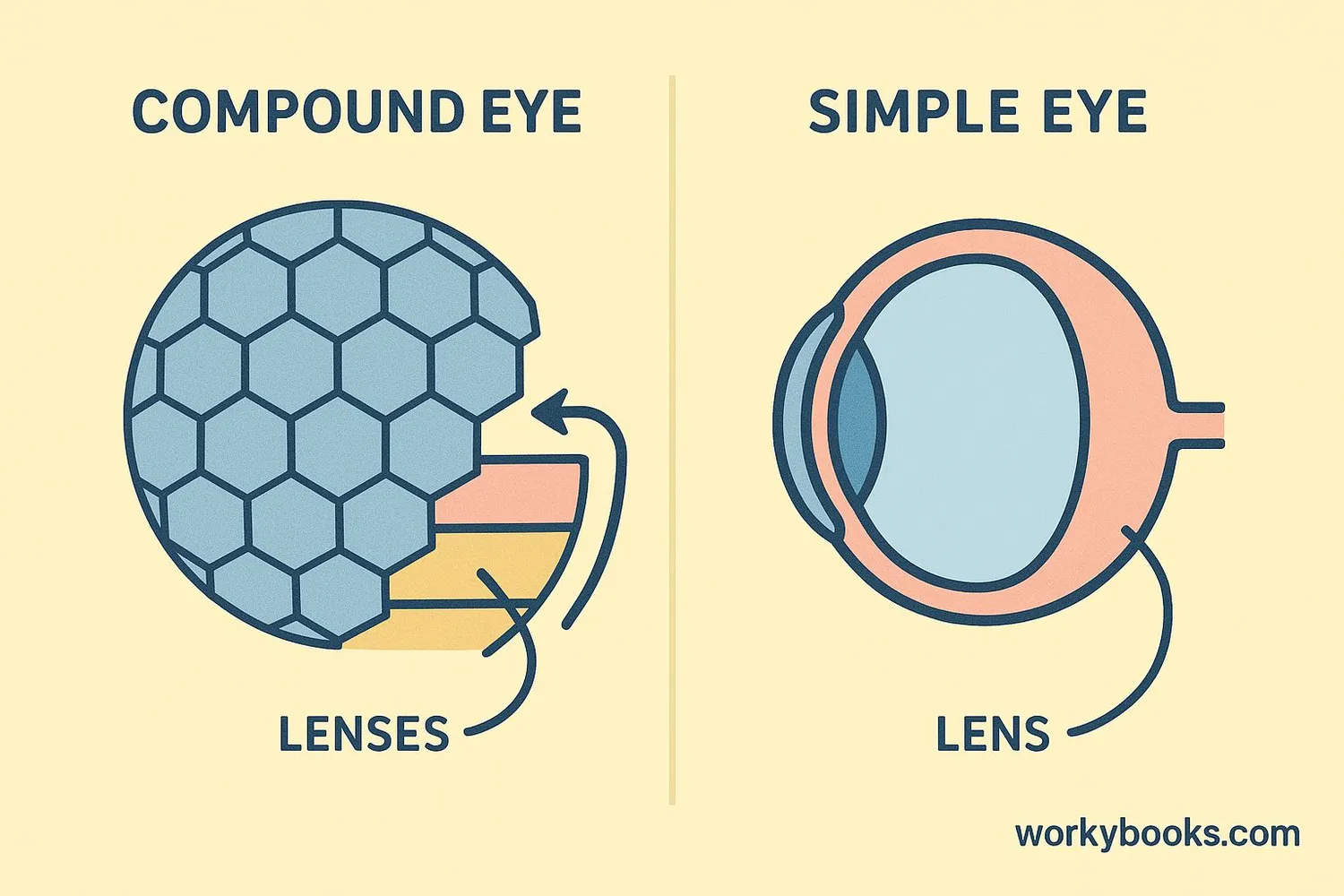 Comparison diagram showing compound eye structure vs simple eye structure