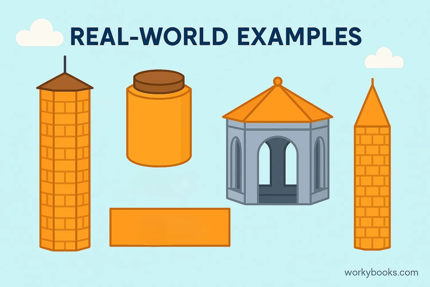 Examples of decagonal prisms in architecture and everyday objects