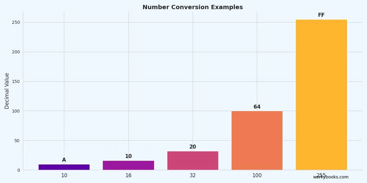 Chart showing conversion examples: 10 → A, 16 → 10, 32 → 20, 100 → 64, 255 → FF