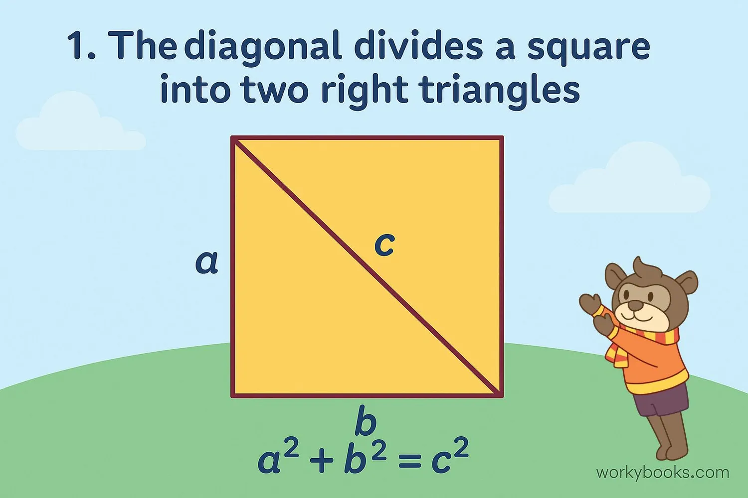 Square divided into two right triangles by a diagonal, showing the Pythagorean theorem calculation