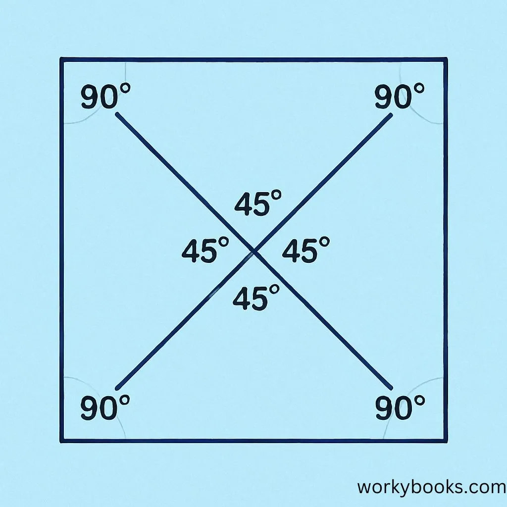 Square showing diagonals crossing at center, forming right angles and bisecting each other