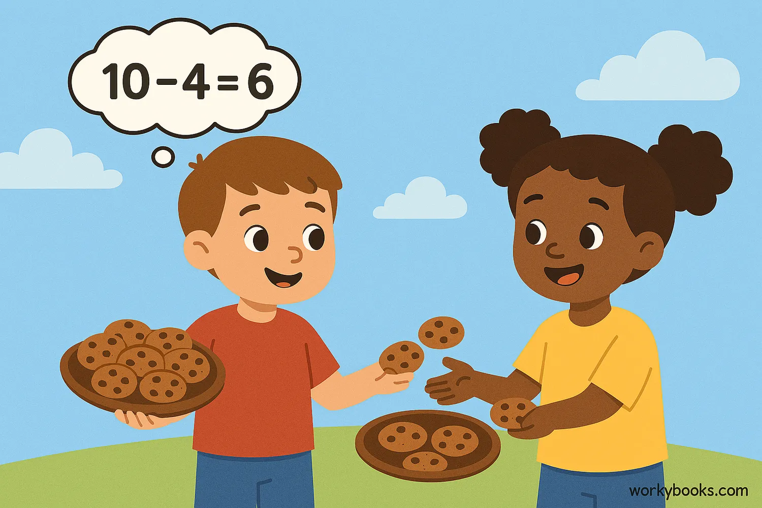 Children sharing cookies: 10 cookies minus 4 given away equals 6 left