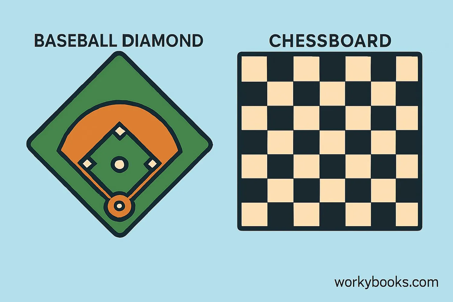 Real-world examples: baseball diamond (rhombus) and chessboard squares (square)