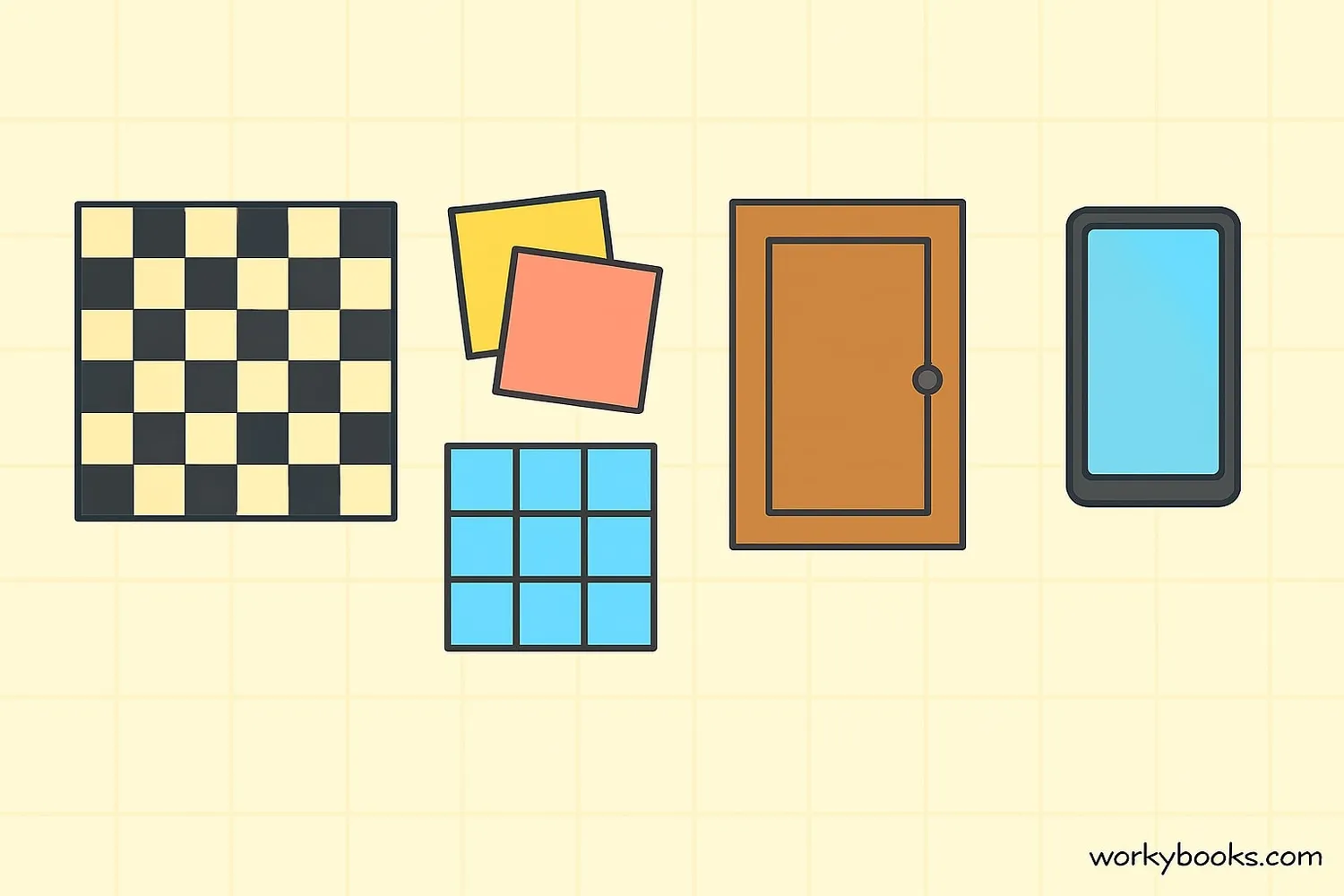 Everyday objects showing square and rectangular shapes