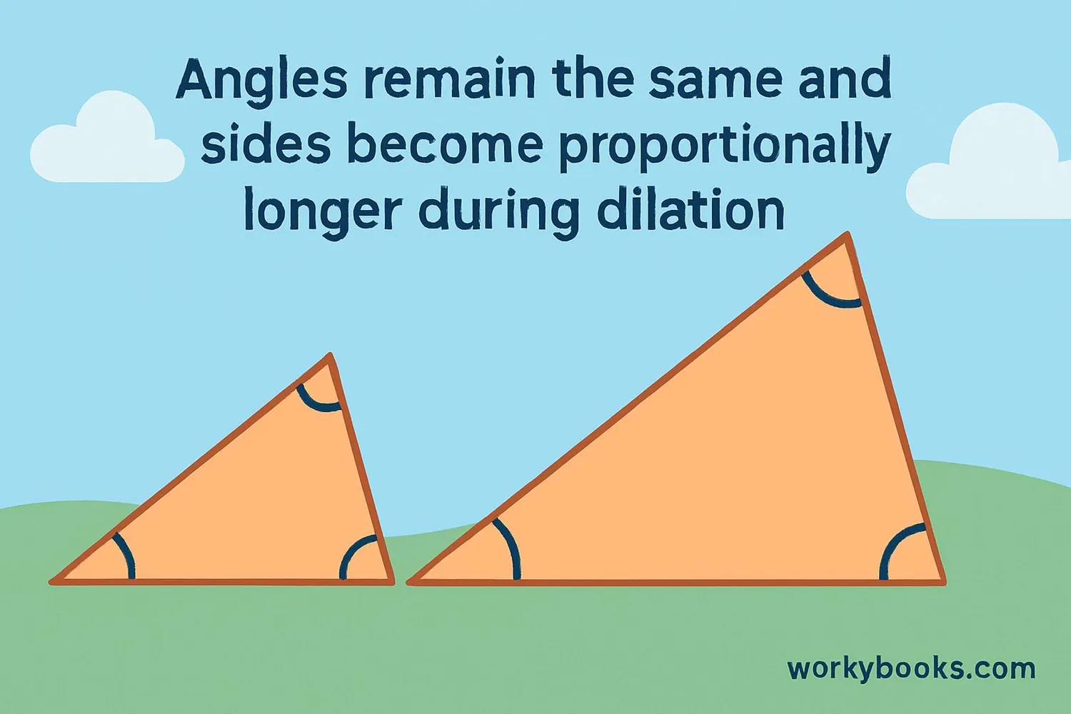 Visual representation of dilation properties: angle preservation, parallel lines, proportional sides