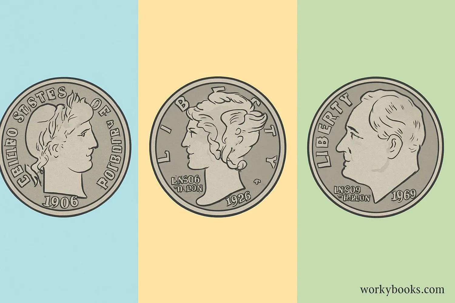 Collage showing different dime designs throughout US history, including the Barber dime, Mercury dime, and Roosevelt dime