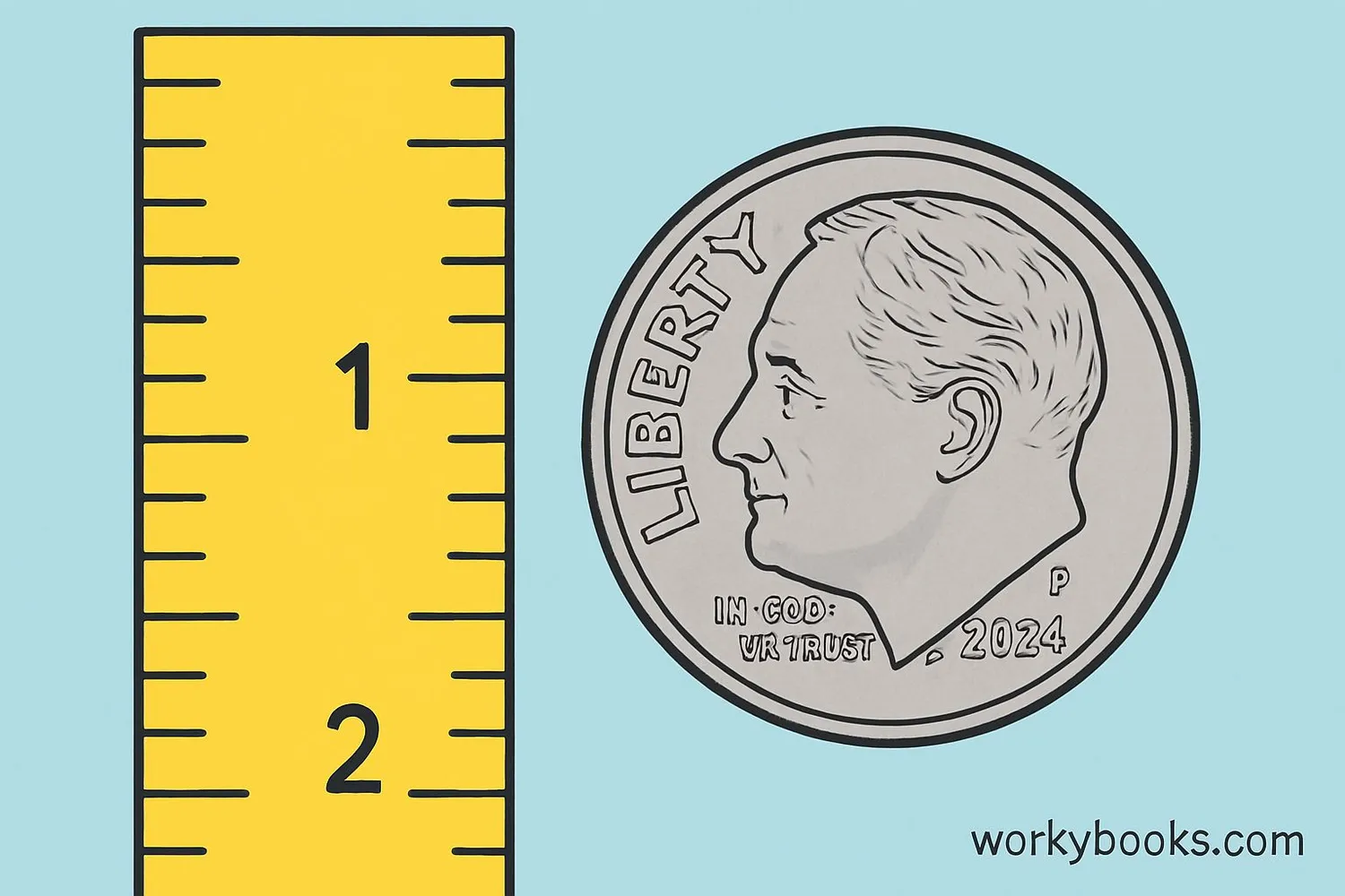 Dime coin shown next to a ruler for size comparison