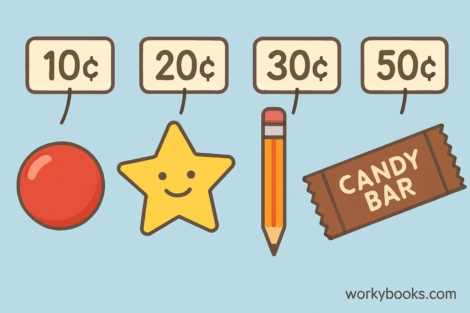 Common items that cost multiples of ten cents: a gumball, sticker, pencil, and candy bar with price tags showing 10¢, 20¢, 30¢, and 50¢