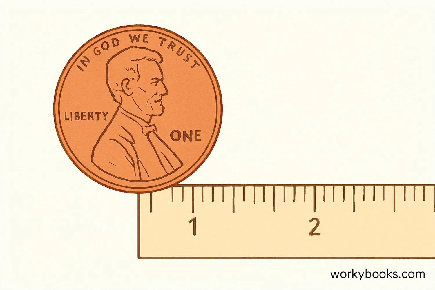 Penny coin shown next to a ruler for size comparison